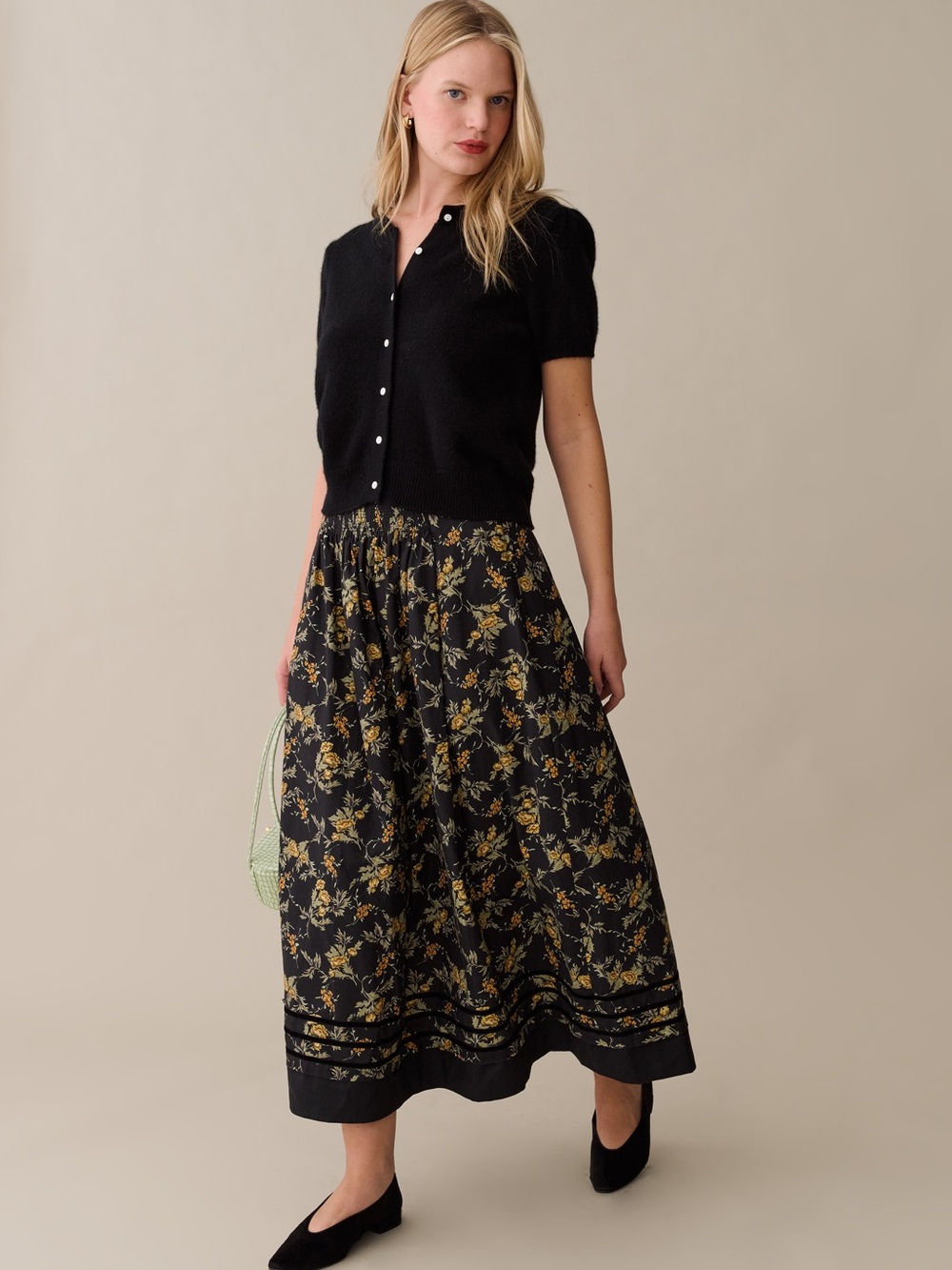 Sorella Atelier Viola Black Cotton Maxi Skirt with Yellow Floral Print Sz 10 NWT
